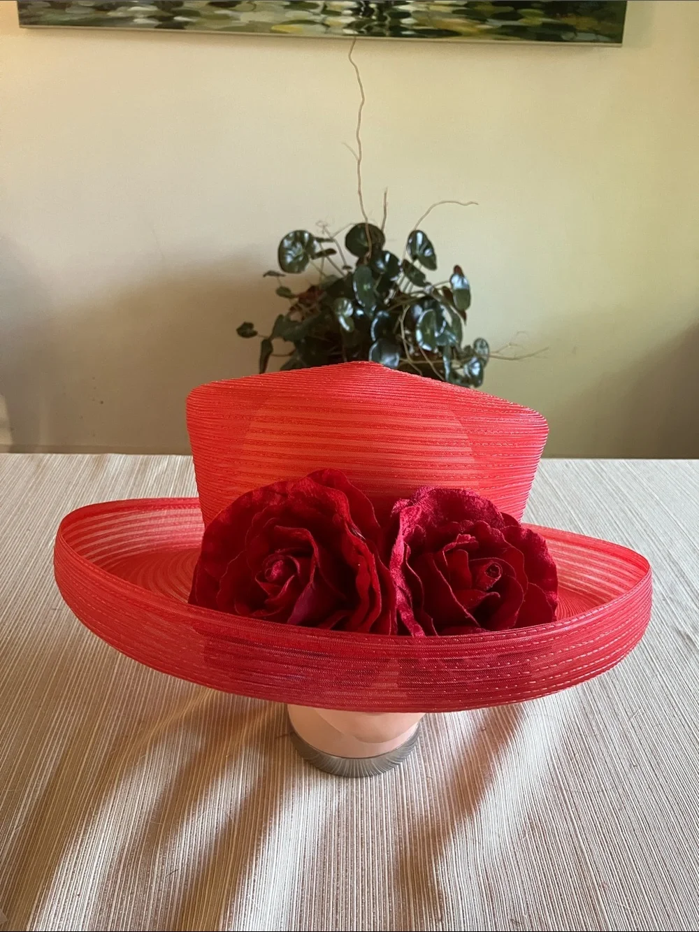 Elegant Red Wide-Brim Floral Hat